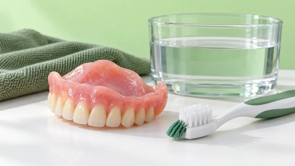 Hàm giả tháo lắp cùng dụng cụ vệ sinh trên nền xanh lá