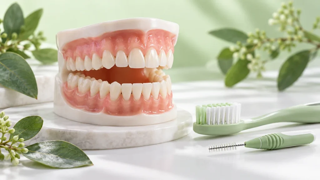 Mô hình răng nướu cùng bàn chải và bàn chải kẽ trên nền xanh lá