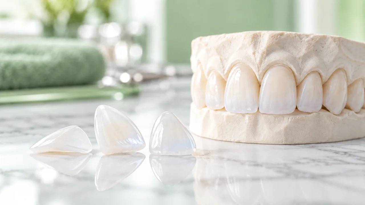 Minh họa dán sứ veneer trên nền xanh lá của Nha Khoa Hello
