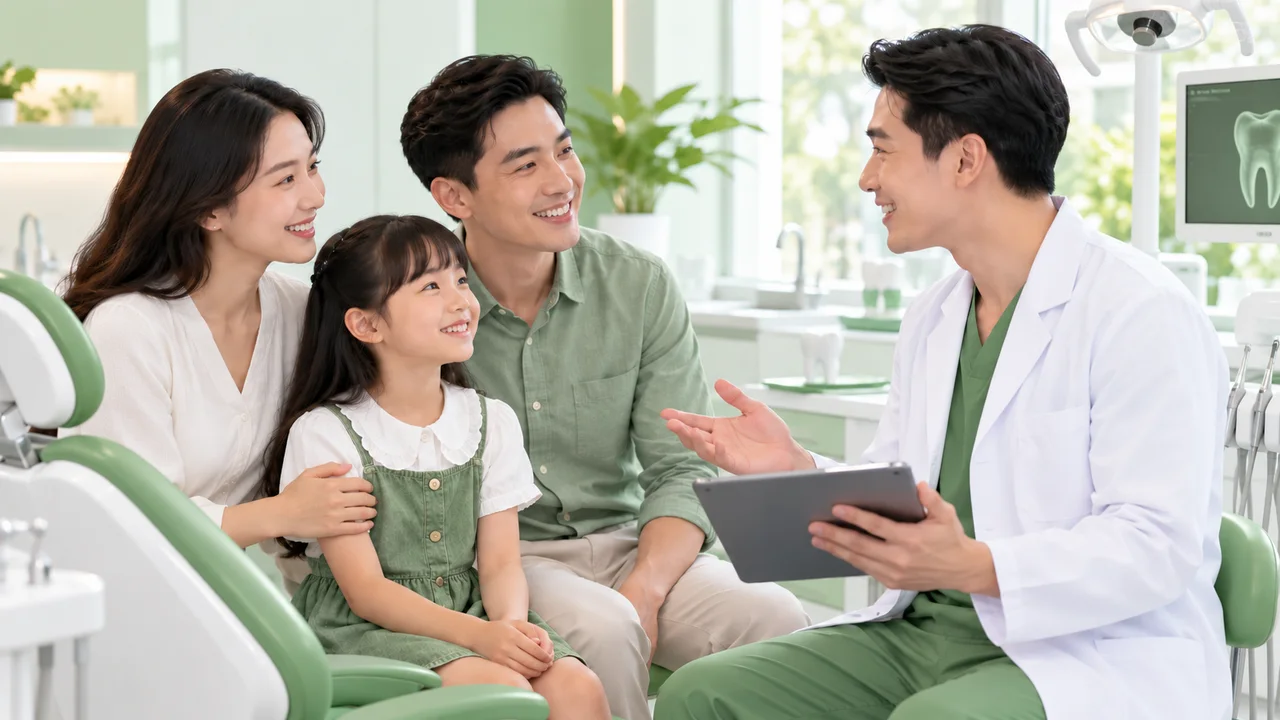 Minh họa nha khoa gia đình trên nền xanh lá của Nha Khoa Hello