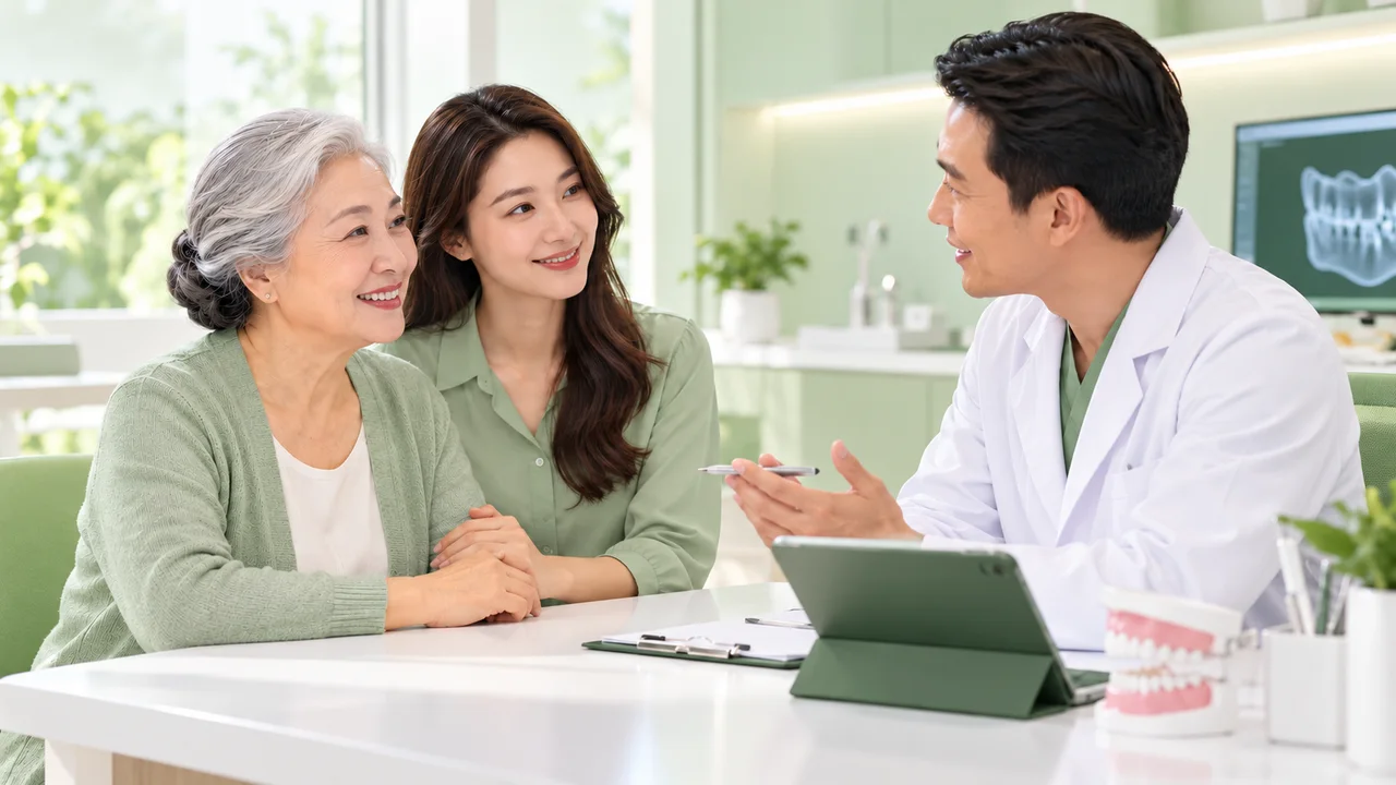 Minh họa nha khoa người cao tuổi trên nền xanh lá của Nha Khoa Hello