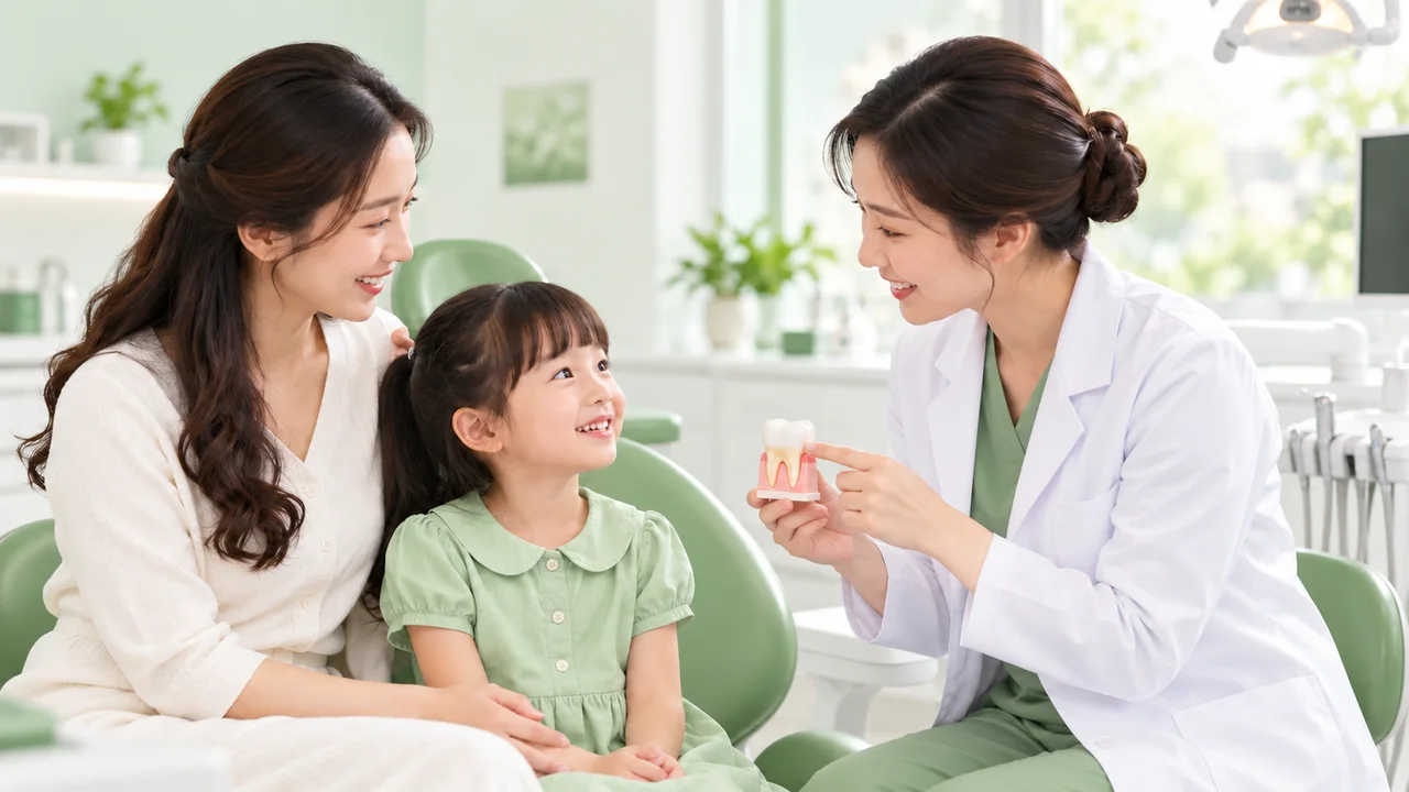 Minh họa nha khoa trẻ em trên nền xanh lá của Nha Khoa Hello