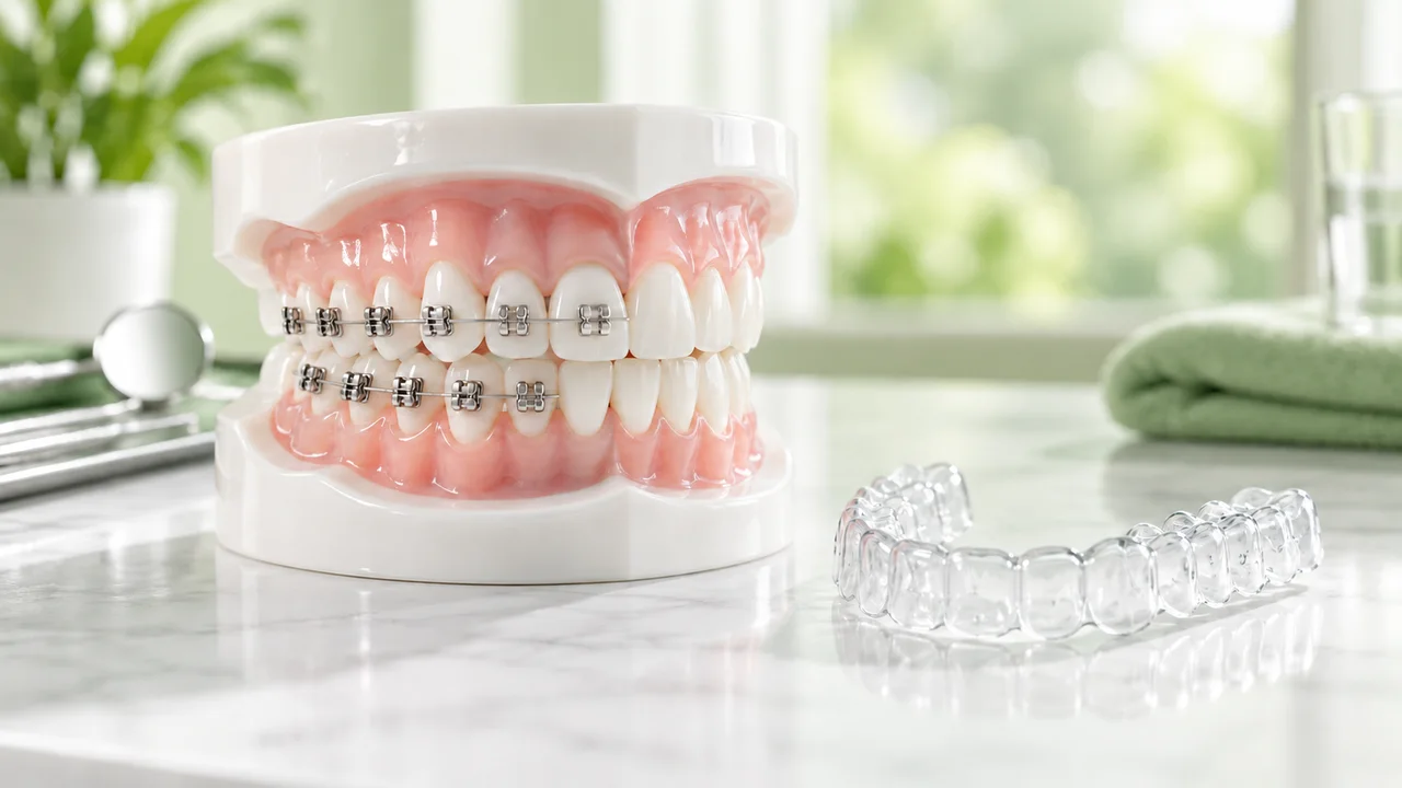 Minh họa niềng răng thẩm mỹ trên nền xanh lá của Nha Khoa Hello