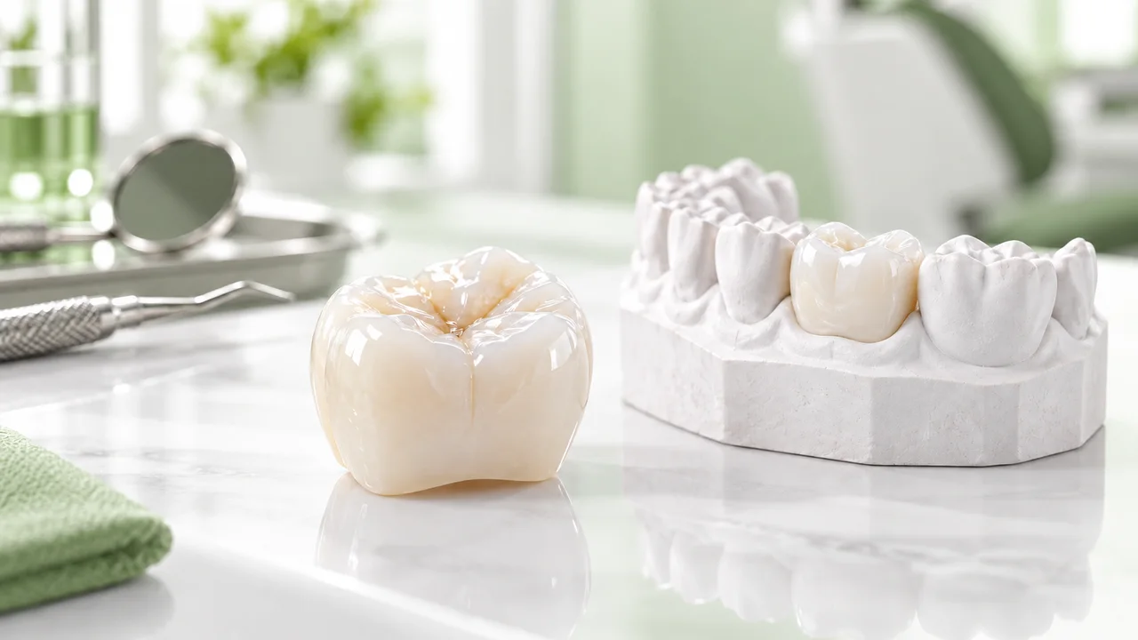 Minh họa răng sứ thẩm mỹ trên nền xanh lá của Nha Khoa Hello