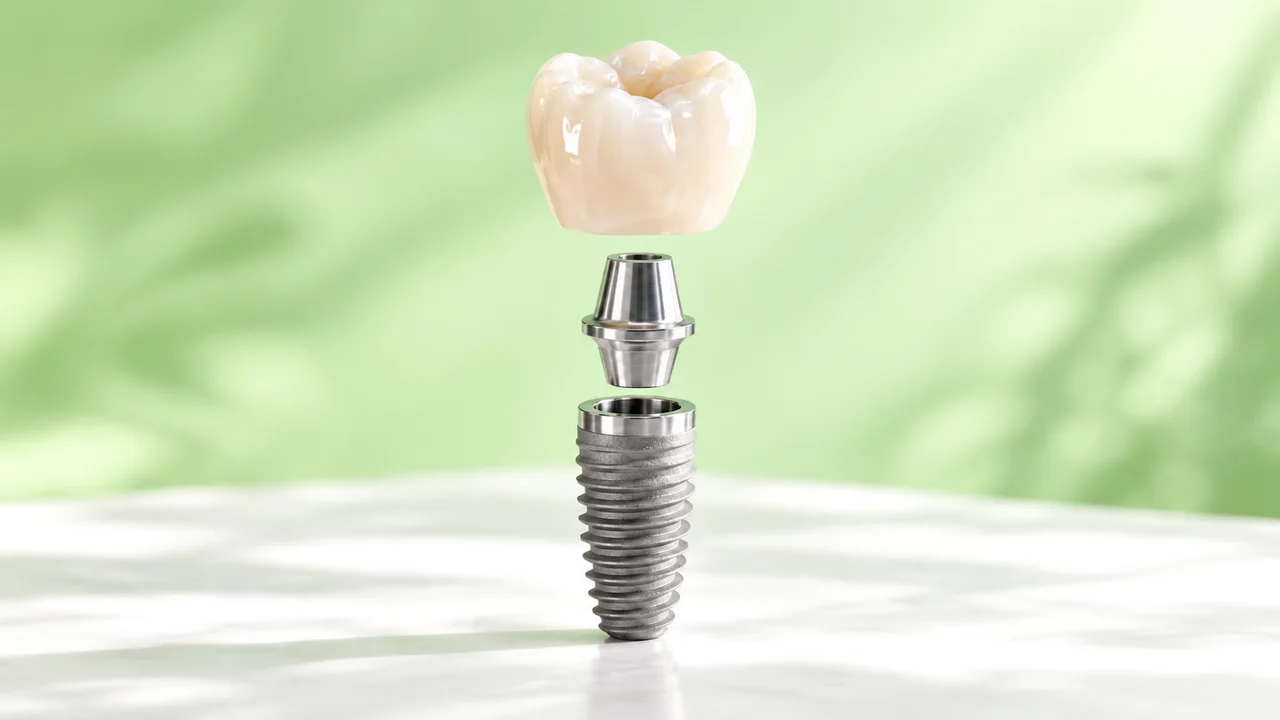 Minh họa trồng răng implant trên nền xanh lá của Nha Khoa Hello